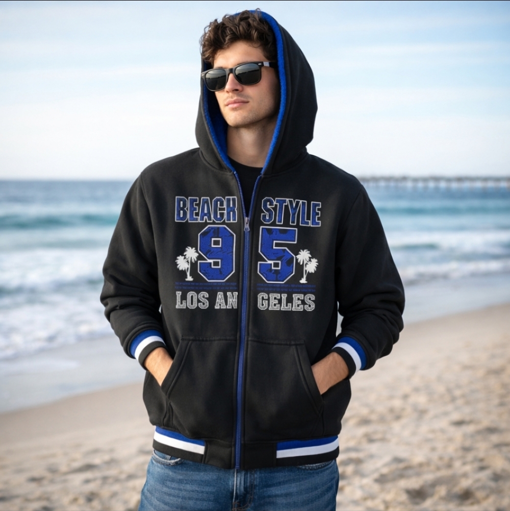 Fast Track zip Up Beach Style LA warm fleece black/ Blue Hoodie. Sz XXL